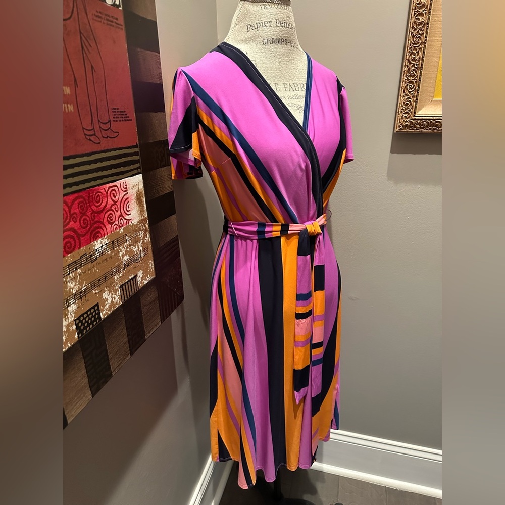 Donna Morgan Pink, Orange & Black Striped Faux-Wrap Midi Dress - Picture 2 of 10